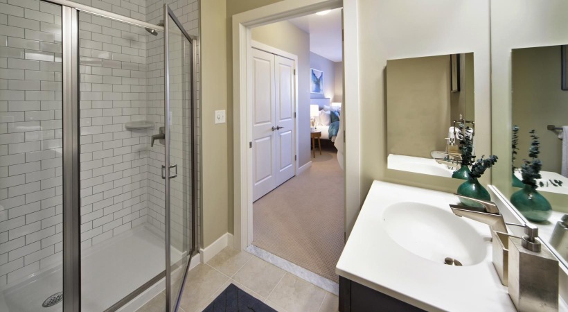 a bathroom with a glass shower