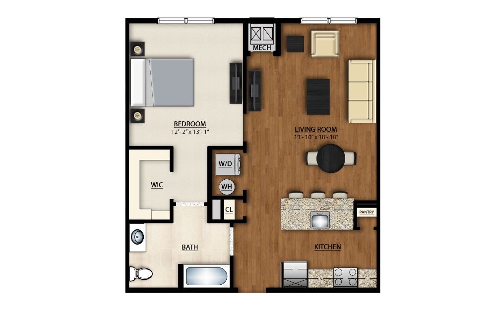 A - 1 bedroom floorplan layout with 1 bathroom and 777 square feet A - 1 bedroom floorplan layout with 1 bathroom and 777 square feet