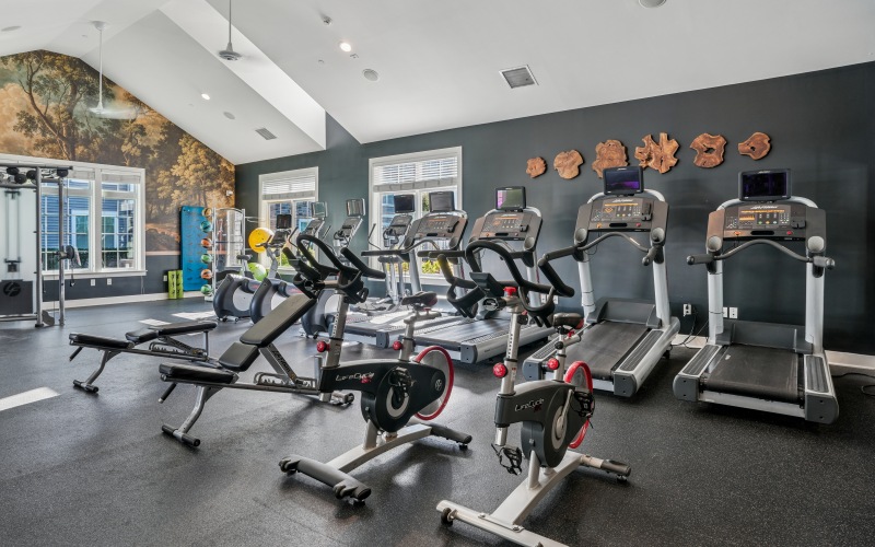 Gym with cardio and strength training equipment at Parc Westborough apartment complex near Worcester, MA.